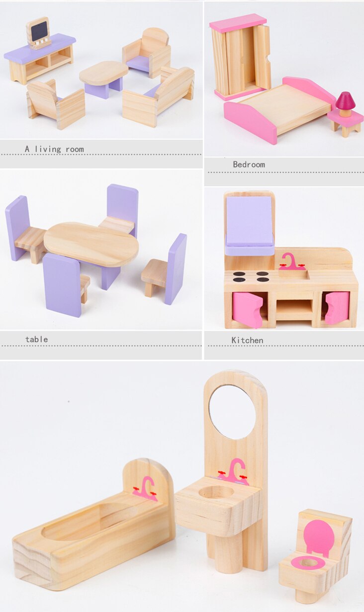 Pretend Play Furniture Toys Wooden Dollhouse Furniture Miniature Toy Set Doll House Toys for Children Kids Toy