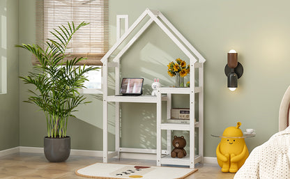 House-Shaped Kids Wooden Desk – Study Table & Bookshelf