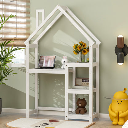 House-Shaped Kids Wooden Desk – Study Table & Bookshelf