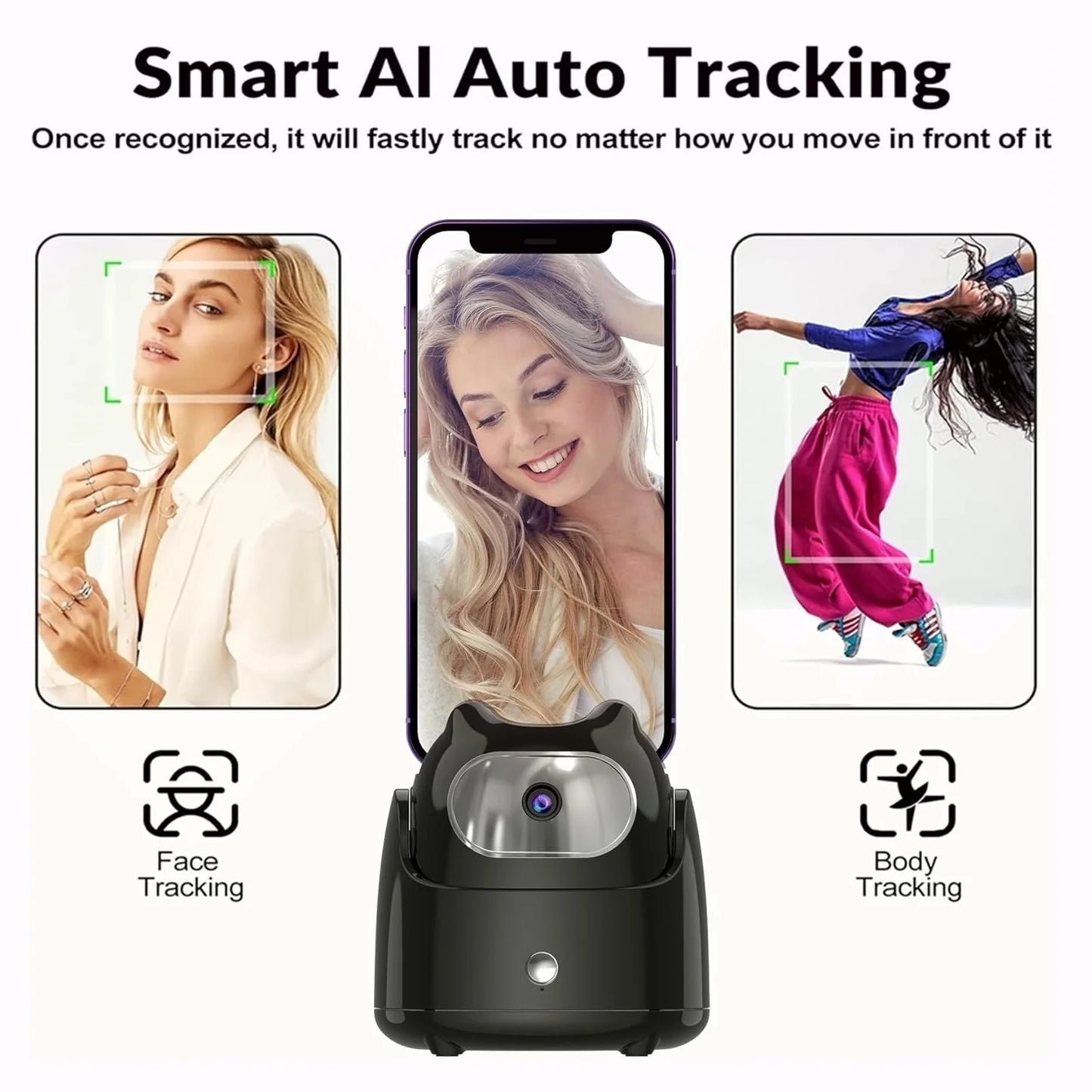 360° Rotation Automatic Face Tracking Gimbal Mobile Phone Holder APP-Free AI Face Recognition Phone Tripod for Live Vlog Video