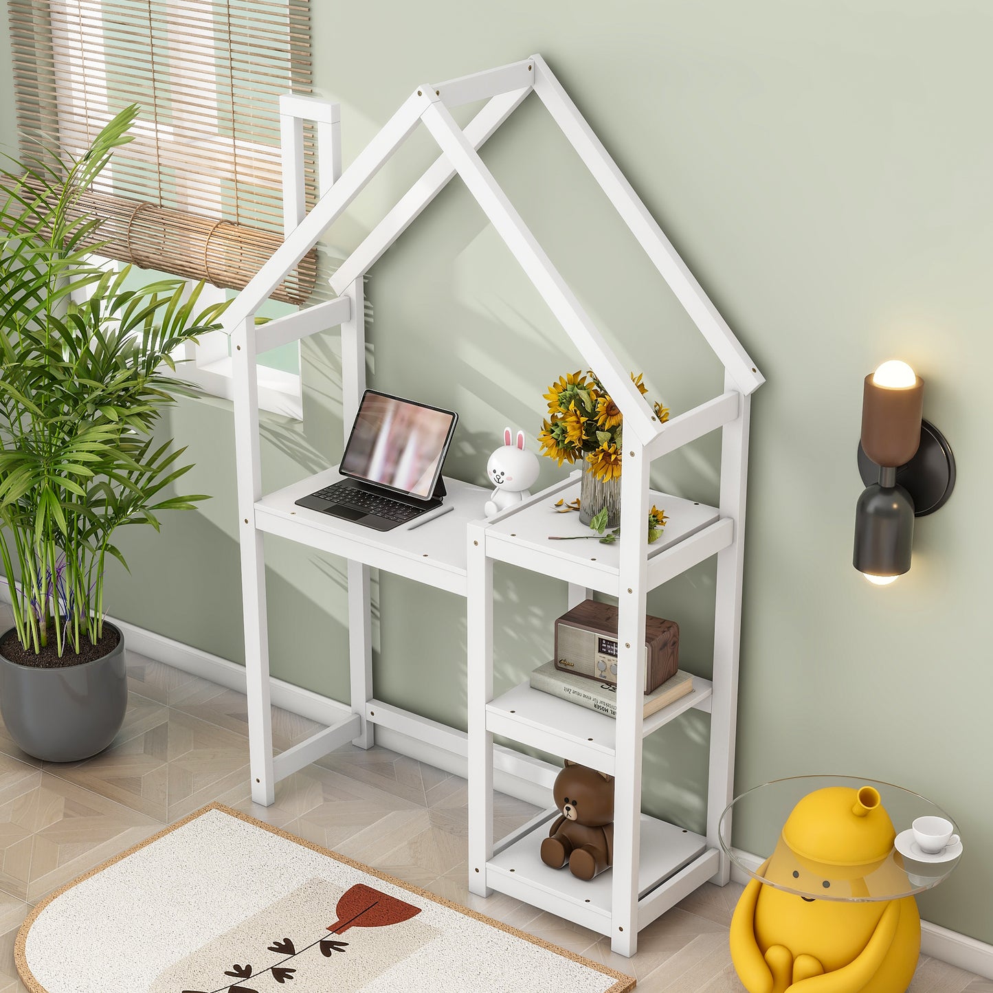 House-Shaped Kids Wooden Desk – Study Table & Bookshelf