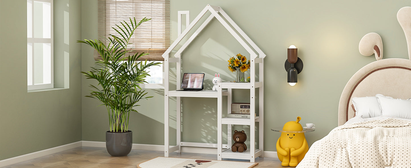 House-Shaped Kids Wooden Desk – Study Table & Bookshelf